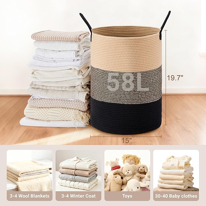 Tall Laundry Basket with Handles, 58L Portable Dirty Clothes Hamper, Boho