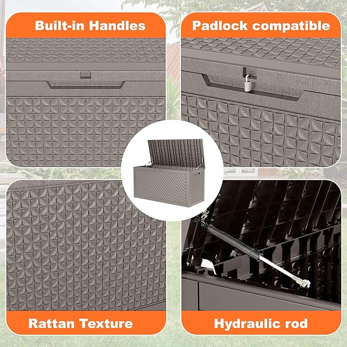 ROJIK Outdoor Storage Housing Deck Box - Waterproof Patio Furniture, Garden Tools, Cushions, Pool Accessories Storage Bench with Lockable Lid and Side Handles (Grey,125 Gal)