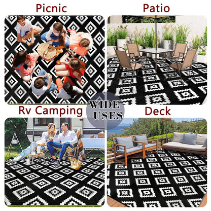Homcomodar Outdoor Rug for Patio Waterproof 270x365cm Reversible Garden Rugs UV Resistant Camping Mat Plastic Straw Rug Outside Patio Rug for Yard Beach Picnic Deck(Black)