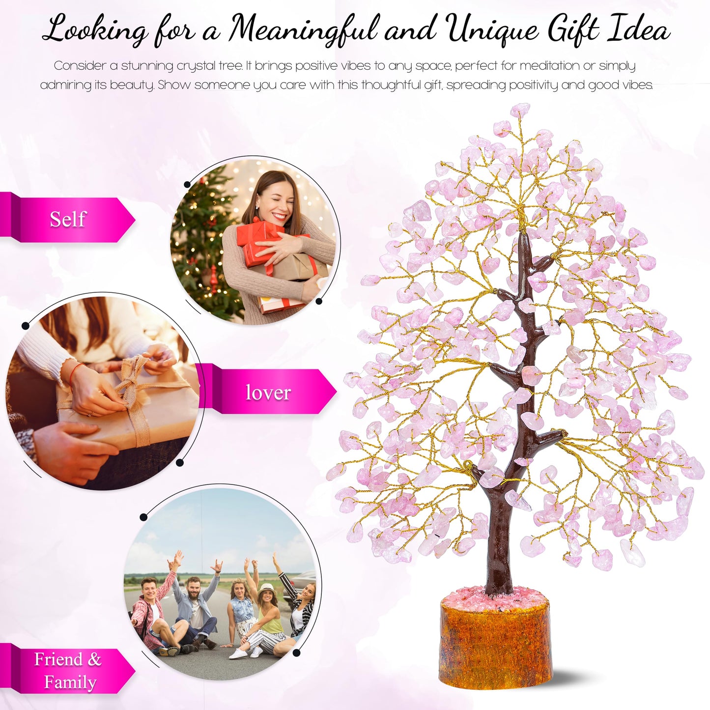Crocon® Rose Quartz Crystal Tree of Life - Love & Self-Care Healing Crystals for Positive Energy, Feng Shui Money Tree, Pink Home Room Decor, Birthday Gifts for Women, Mom, Sister, Girlfriend & Her