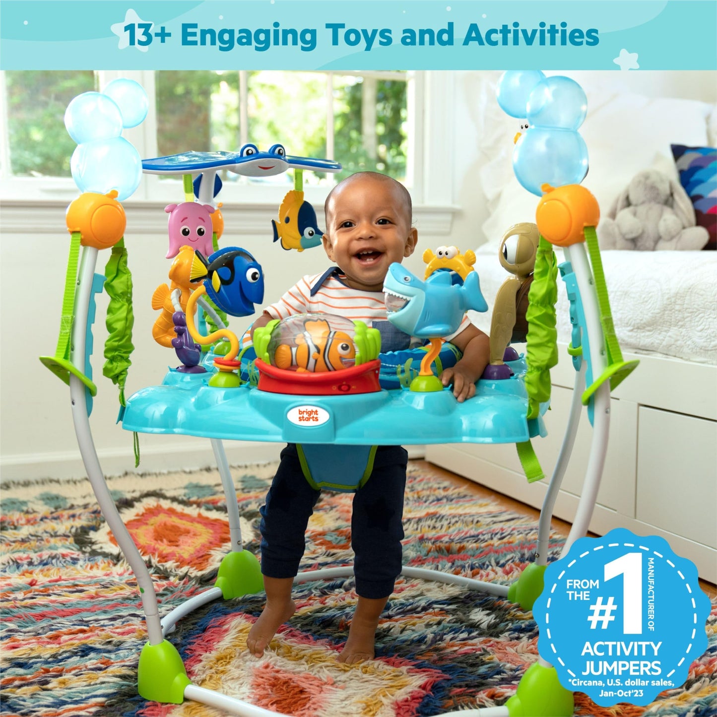 Bright Starts Disney Baby Finding Nemo Sea of Activities Baby Activity Center Jumper with Interactive Toys, Lights, Songs & Sounds, 6-12 Months (Blue)