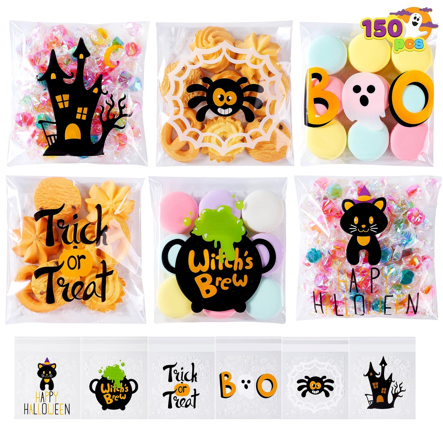 JOYIN 150 PCS Halloween Cellophane Treat Bags, Self Adhesive Clear Cookie and Candy Bags for Kids Trick or Treating, Small Goodie Gift Ziplock Bag Bulk for Halloween Party Favors Supplies in 6 Designs