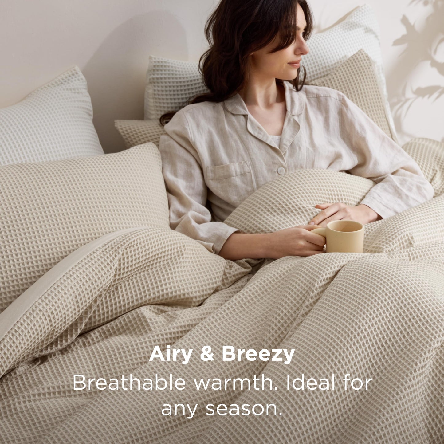Bedsure Queen Bedding Comforter Set Beige, Waffle Breathable Bedding Set, All Season Comforter with 3 Pieces, 1 Waffle Weave Comforter (90"x90") and 2 Pillowcases (20"x26")