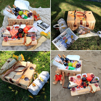 Hap Tim Wicker Picnic Basket for 4 with Mini Folding Wine Picnic Table & Large Insulated Cooler Bag & Cutlery Service Kits for 4 Person, Couples Gifts, Wedding Gifts (Y2307-4-CM)
