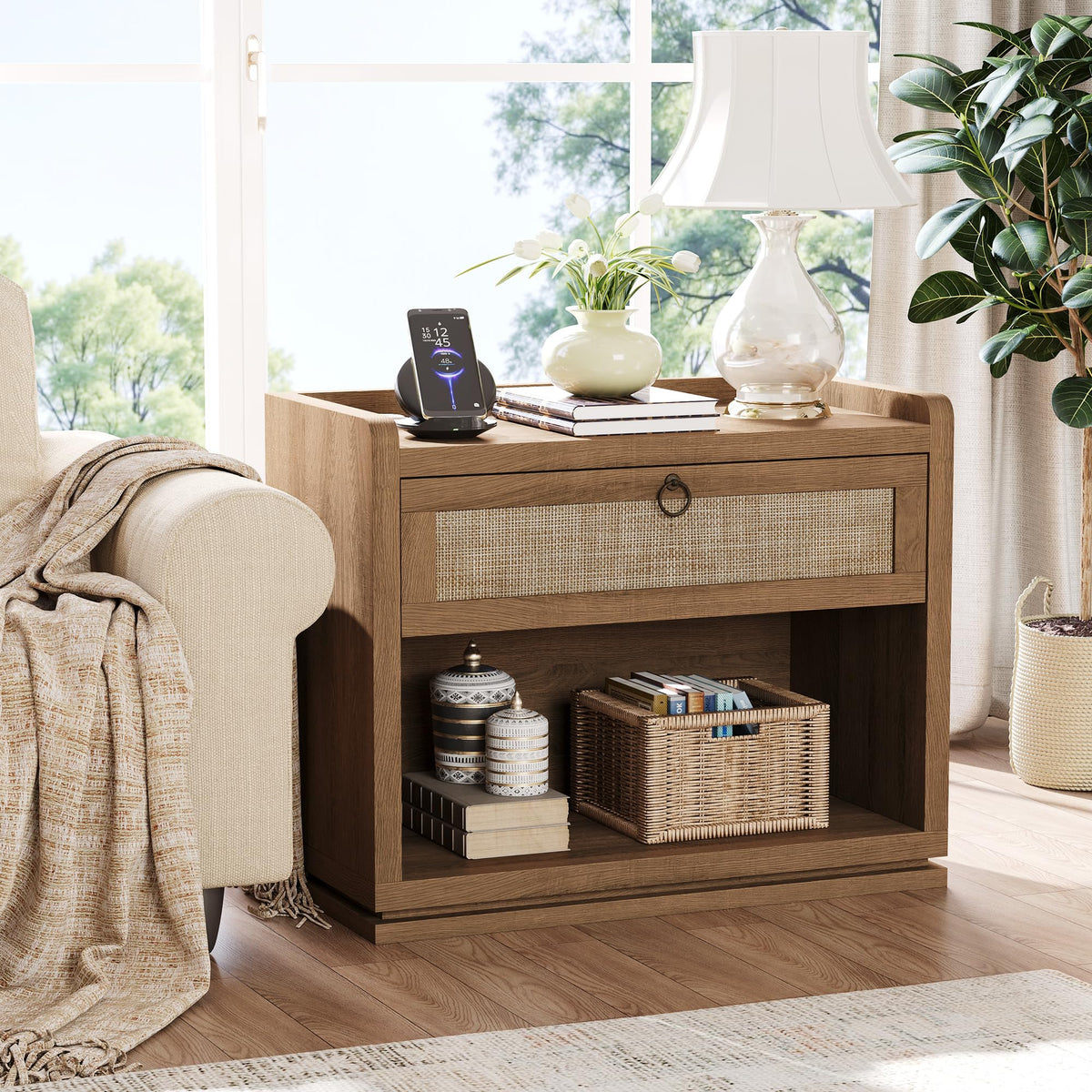 31" Wide Rattan Nightstand with Charging Station, End Side Table