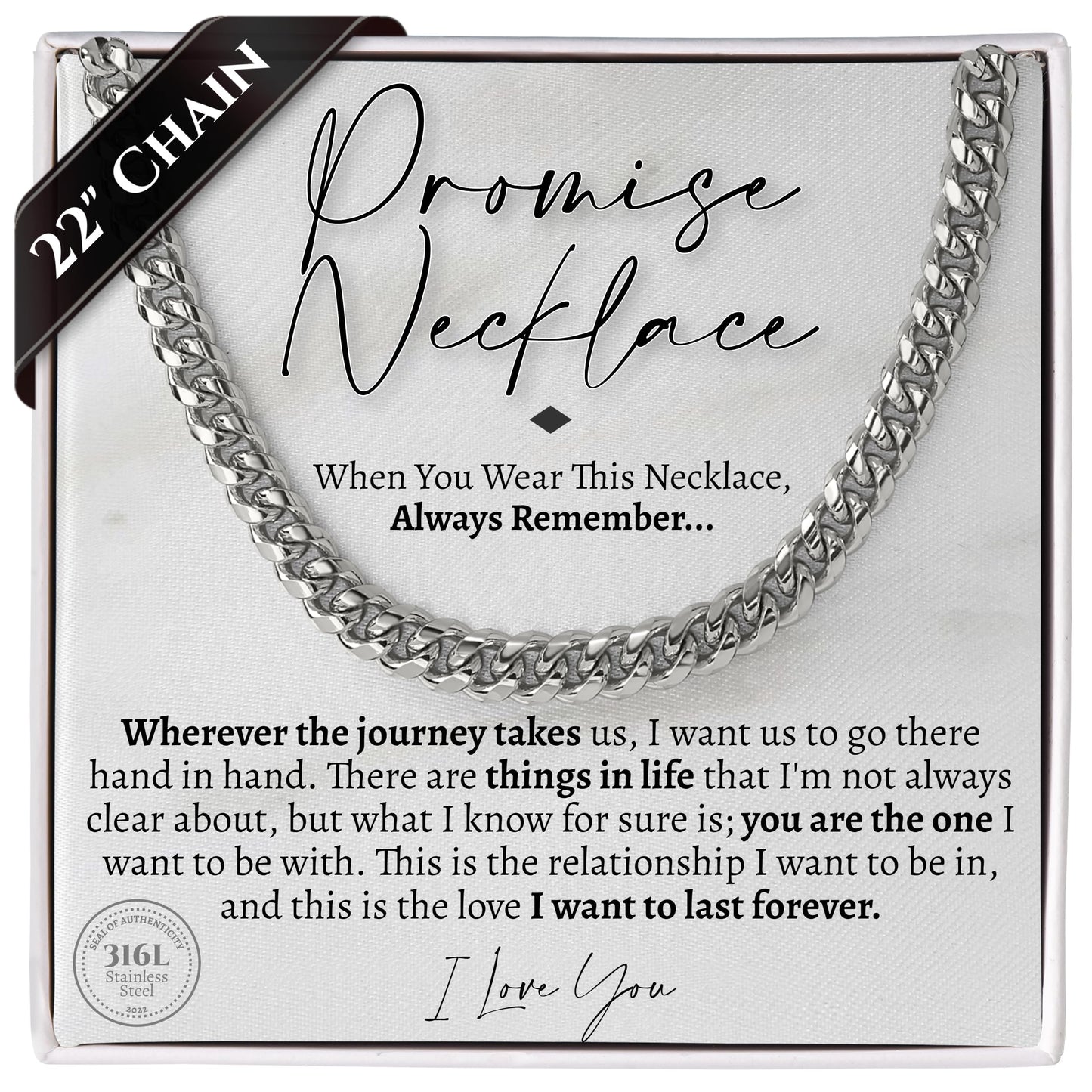 Love You This Much Promise 5mm Cuban Chain Necklace for Him, 22" Length + Luxury Box, Sentimental Gift for Men, Birthday Gift for Boyfriend, Anniversary Ideas for Husband or Boyfriend (Classic Stainless)