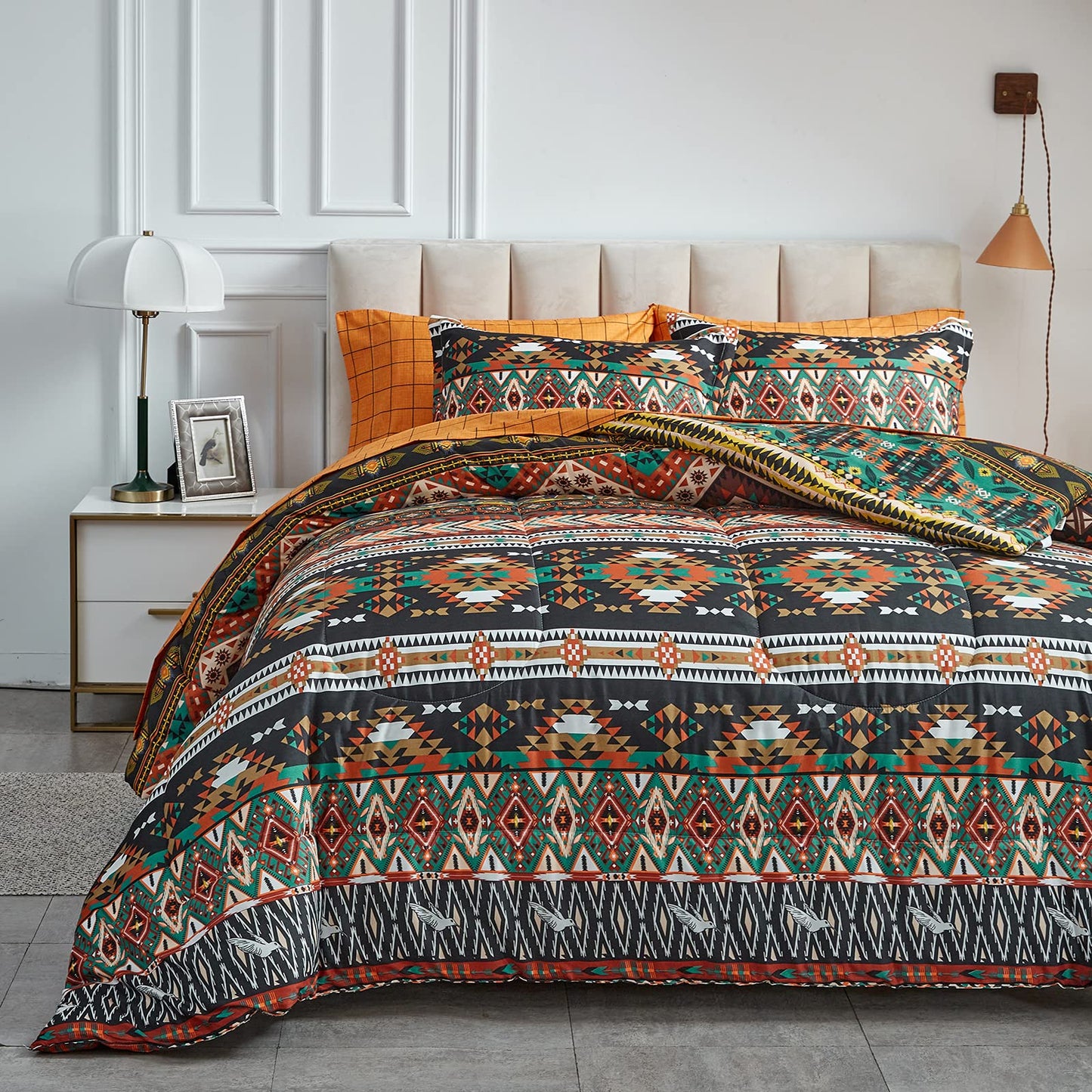 Flysheep 7 Pieces Boho Bed in a Bag Queen Size, Southwestern Bohemian Tribal Striped Printed, Reversible Bed Comforter Set (1 Comforter, 1 Flat Sheet, 1 Fitted Sheet, 2 Pillow Shams, 2 Pillowcases)