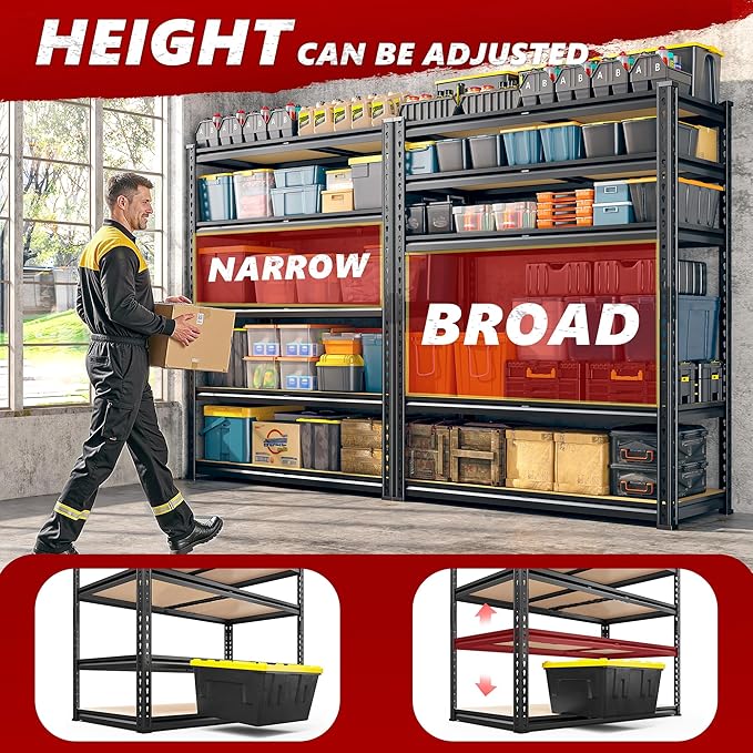 REIBII 2400LBS Garage Shelving Heavy Duty 5 Tier Storage Shelves Adjustable Garage Shelves, Utility Rack Shelf, Shelving Units for Storage Warehouse Pantry Closet, 35.5" W x 11.9" D x 72" H, 2 Pack
