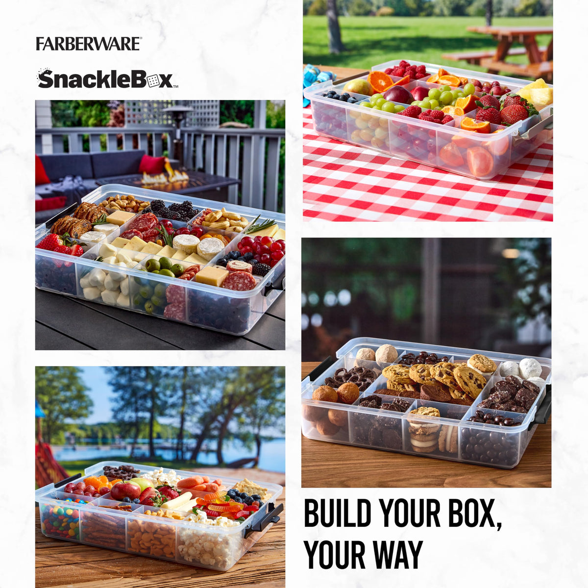 Farberware Snacklebox 11x16 Inch Bamboo Cutting Board Lid with 11-Compartment PP Snack Box, Locking Handles for Travel - Charcuterie Board with Lid for Picnics, Road Trips, and Outdoor Entertaining