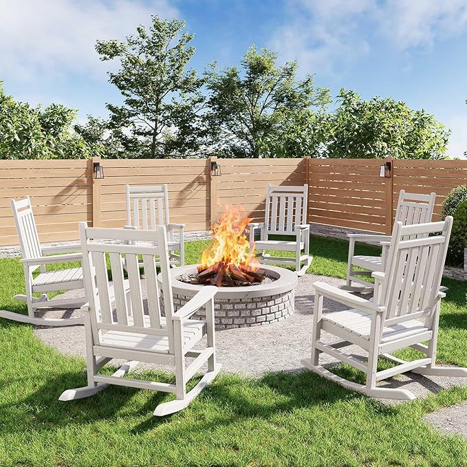 HDPE Rocking Chair Outdoor Set of 6 - Poly High Back Porch Rocker Chairs for Adults - All Weather Resistant Furniture for Patio Front Porch - White