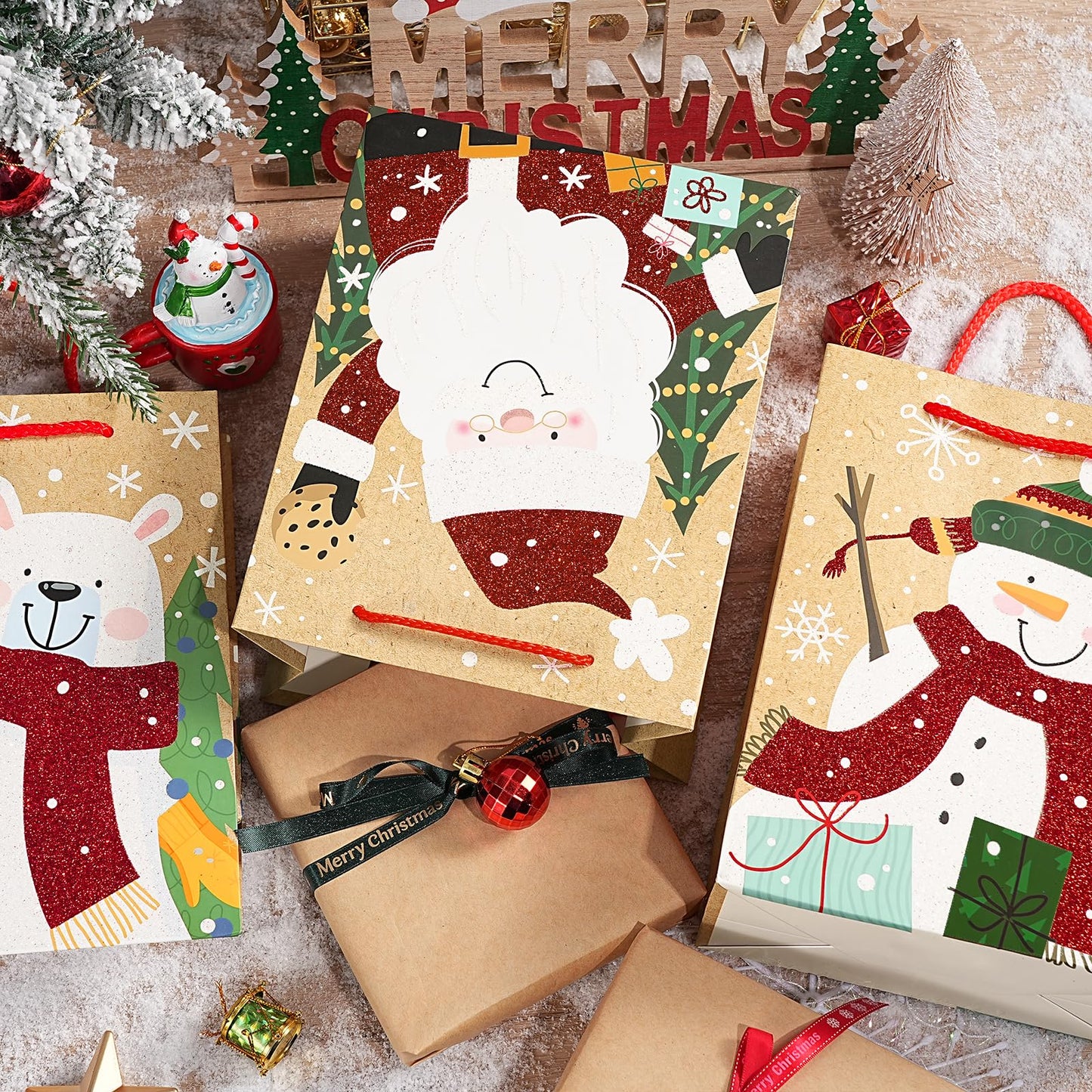 Loveinside Christmas Gift Bags Set, Glitter Foil Santa, Penguin, Snowman & Polar Bear Design, Medium Size Bags with Handle, Tissue Paper for Christmas Gifts & Party Favors, 4 Pack, 7" X 4" X 9"