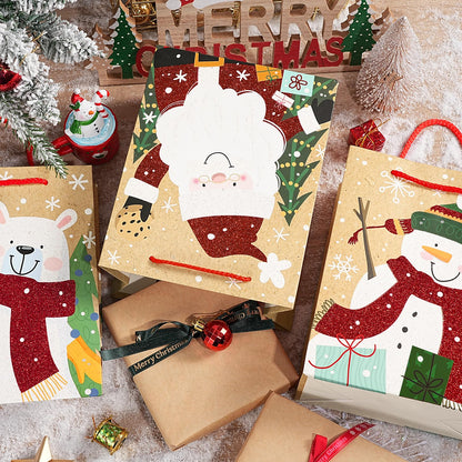 Loveinside Christmas Gift Bags Set, Glitter Foil Santa, Penguin, Snowman & Polar Bear Design, Medium Size Bags with Handle, Tissue Paper for Christmas Gifts & Party Favors, 4 Pack, 7" X 4" X 9"