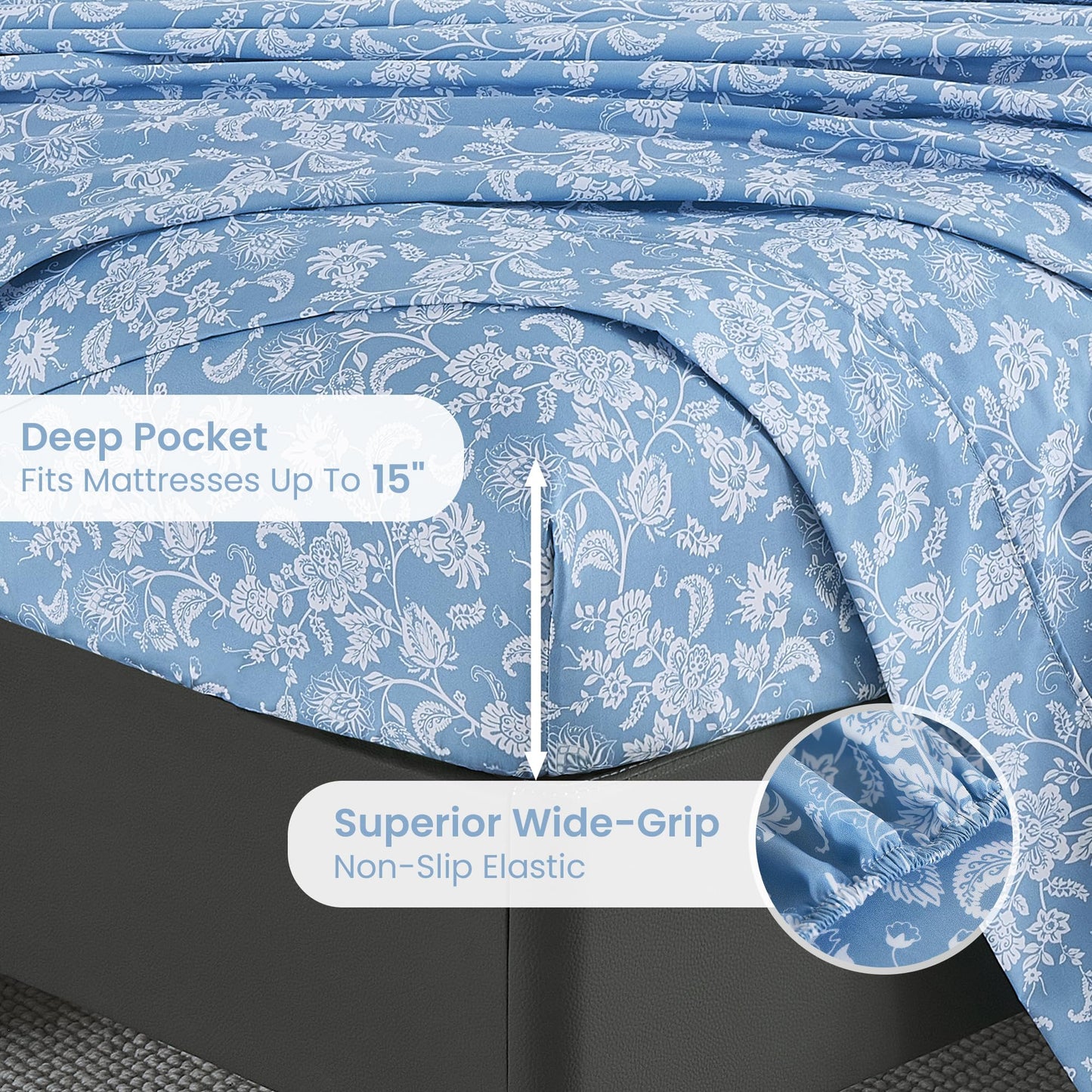 Mooreeke Cozy Vintage Microfiber Printed Queen Sheet Set - Soft & Breathable Percale Blue Paisley Bed Sheets with Extra Deep Pocket - Non-Slip Fitted Design - Blue Flower Pattern - Queen