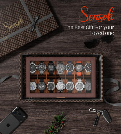sensok Watch Case Box for Men – 14 Slots Watch Display Organizer with 6-Compartment Eyeglasses Storage, Real Glass Lid 2-Layer PU Leather Collection Holder Gift for Loved Ones Brown