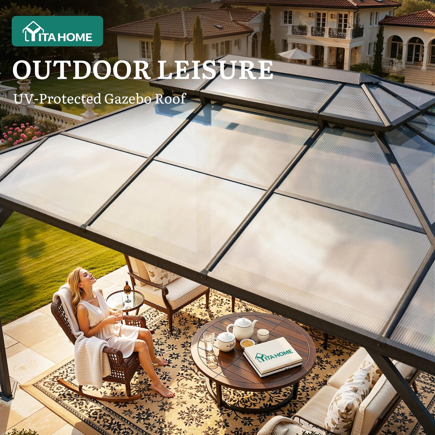 YITAHOME 10X12FT Polycarbonate Gazebo Outdoor Patio Double Top Canopy Galvanized Iron Garden Tent Curtains Netting for Backyards Decks Lawns,Gray
