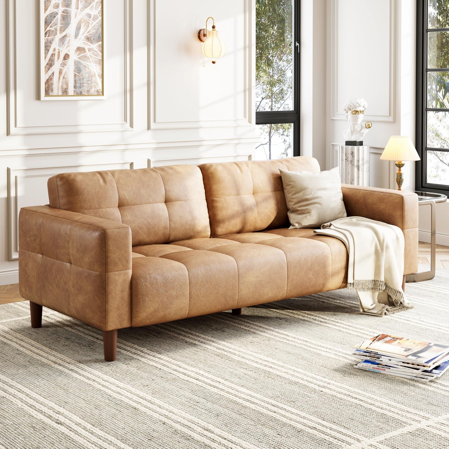 GarveeHome 3-Seater Sofa Couch, 83 in Wide Faux Leather Sofa Couch with Spring Cushion, Modern Sofa with Deep Seats and 2 Removable Back Cushions, for Living Room, Bedroom, Apartment, Office, Brown