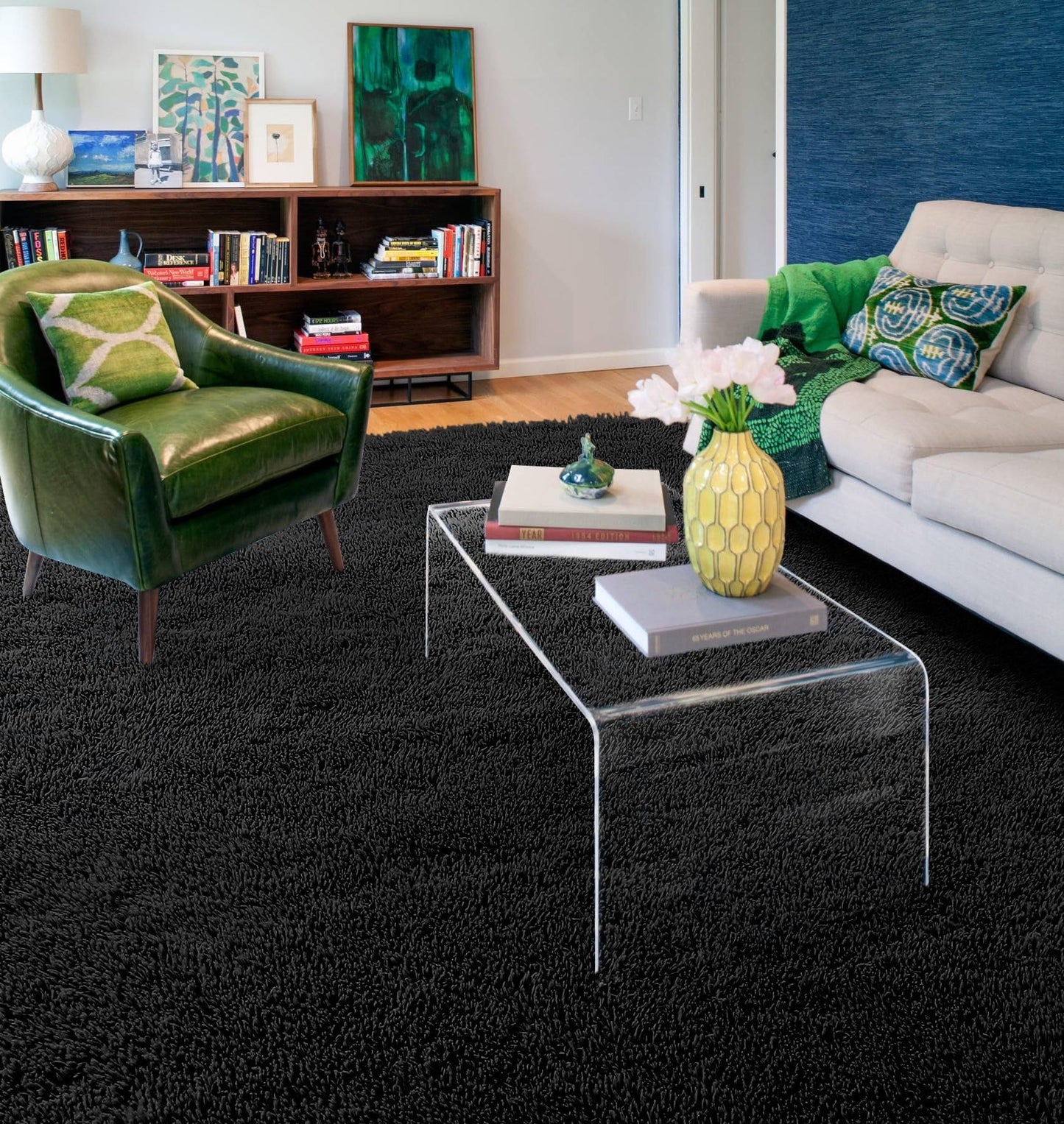 XSIVOD Black Rugs for Living Room, Ultra Soft Bedroom Rug, Plush Floor Carpet, Luxury Fluffy Shag Lounge Carpet for Nursery, Kids Baby Room, 80x160cm
