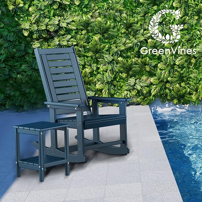 GREENVINES Outdoor Rocking Chair Set | 3-Piece | 2 Rocking Chairs with 1 Side Table | Porch Rocker | HDPE Plastic | Blue | Patio Furniture Sets | High Back | Big & Tall | Ladder Back