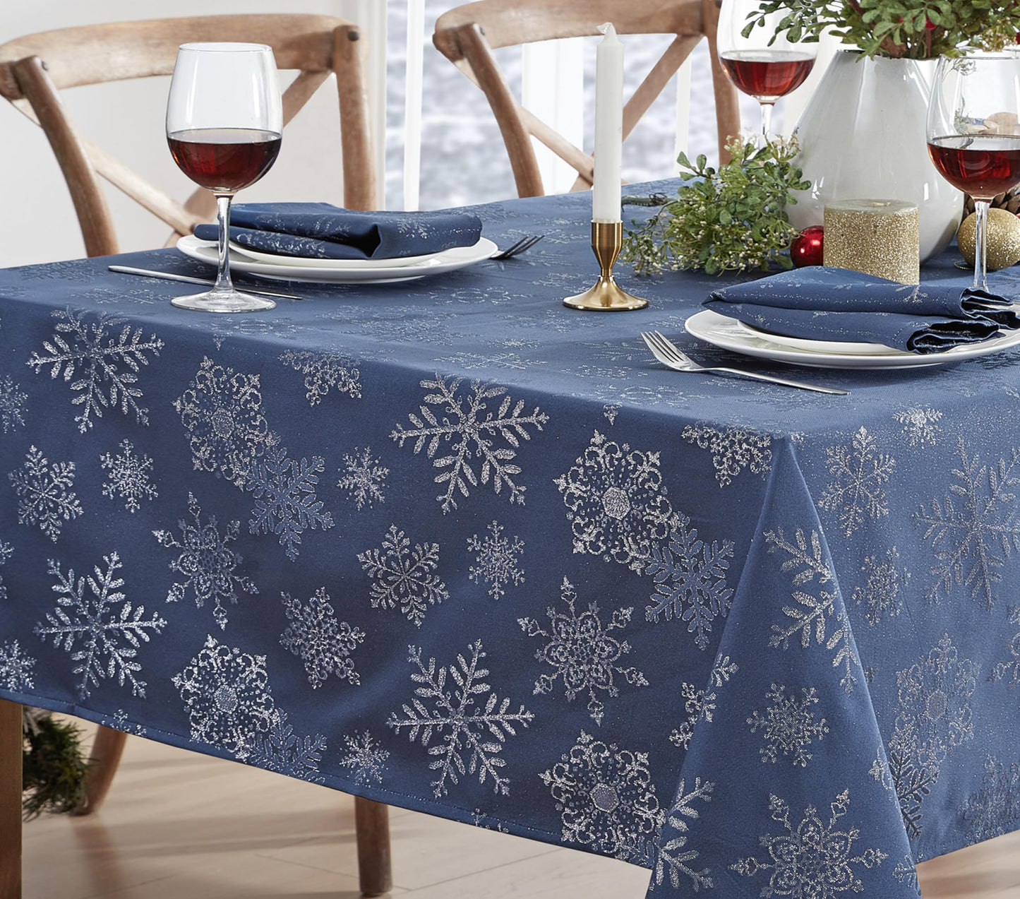 Newbridge Fancy Metallic Snowflake Christmas Fabric Tablecloth, 60 x 84 Inch Rectangle, Navy Silver, No-Iron Soil Resistant Sparkling Snowflakes Woven Holiday Table Cover