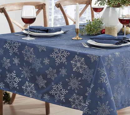 Newbridge Fancy Metallic Snowflake Christmas Fabric Tablecloth, 60 x 84 Inch Rectangle, Navy Silver, No-Iron Soil Resistant Sparkling Snowflakes Woven Holiday Table Cover