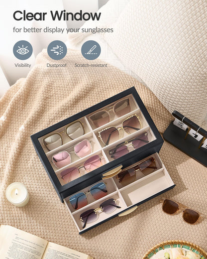 Lolalet 18 Slots Women’s Sunglasses Organizer with Enlarged Compartment, 3-Layer Eyewear Storage Box with Drawer, Glasses Case Display Holder with Clear Top Lid for Eyeglass Collection -Black