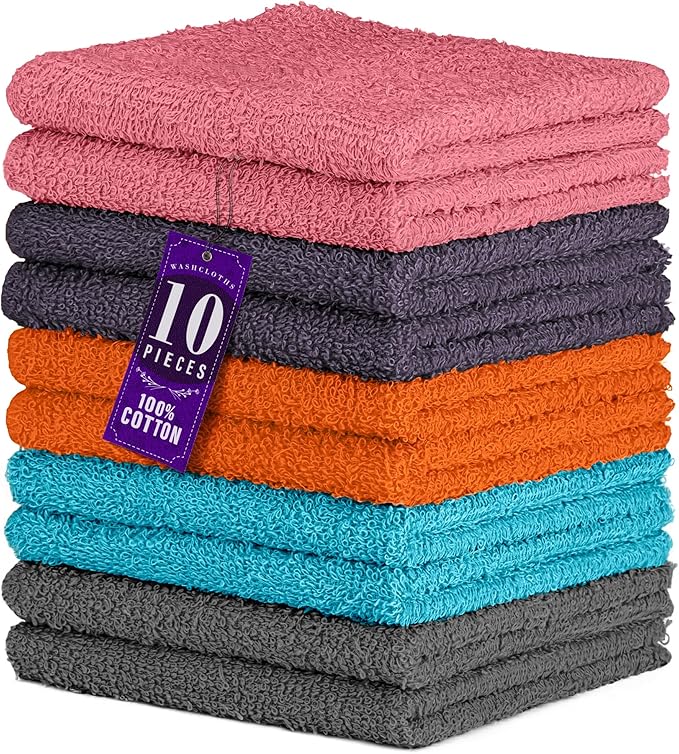 DecorRack 10 Pack 100% Cotton Wash Cloth, Luxurious Soft, 12 x 12 inch Ultra