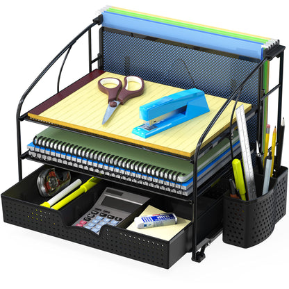 Simple Houseware 3-Tier Desk Organizer with Sliding Drawer, Hanging File Holder and Pen Holder Accessory, Black