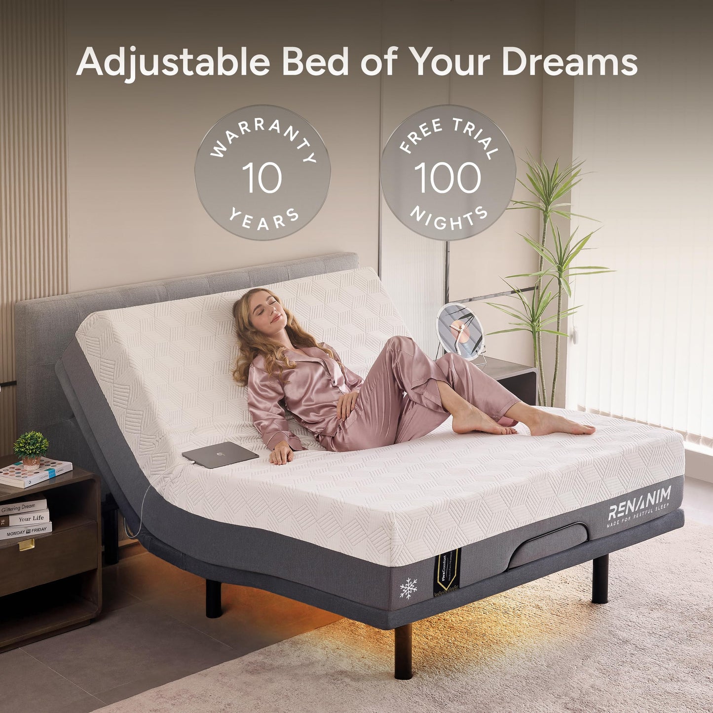 Renanim SFE Twin XL Adjustable Bed Frame with Mattress - 14" Hybrid Memory Foam - Zero Clearance, Wireless Remote for Head & Foot Incline, Zero Gravity - Electric Massage, Underbed Lights, 4 USB Ports