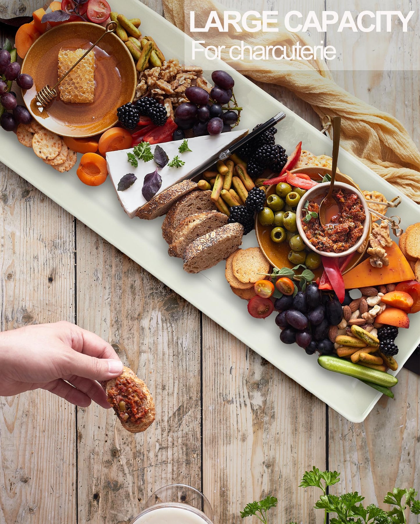 Czlizdyt Long Melamine Serving Platter, 17.3x8x1.5 inch Rectangle Serving Trays for Party, Long Serving Platters Plates for Appetizer, Charcuterie, Bread, Fruit, Dessert, Set of 2, White