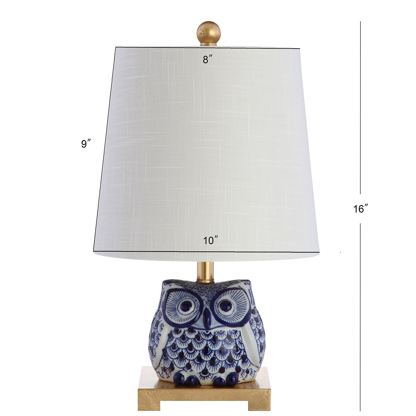 JONATHAN Y 16" Blue/White Ceramic Owl Mini Table Lamp for Bedroom or Office, Modern Farmhouse Nightstand Lamp with White Linen Shade, LED Bulb Included (JYL3014A-SET2)