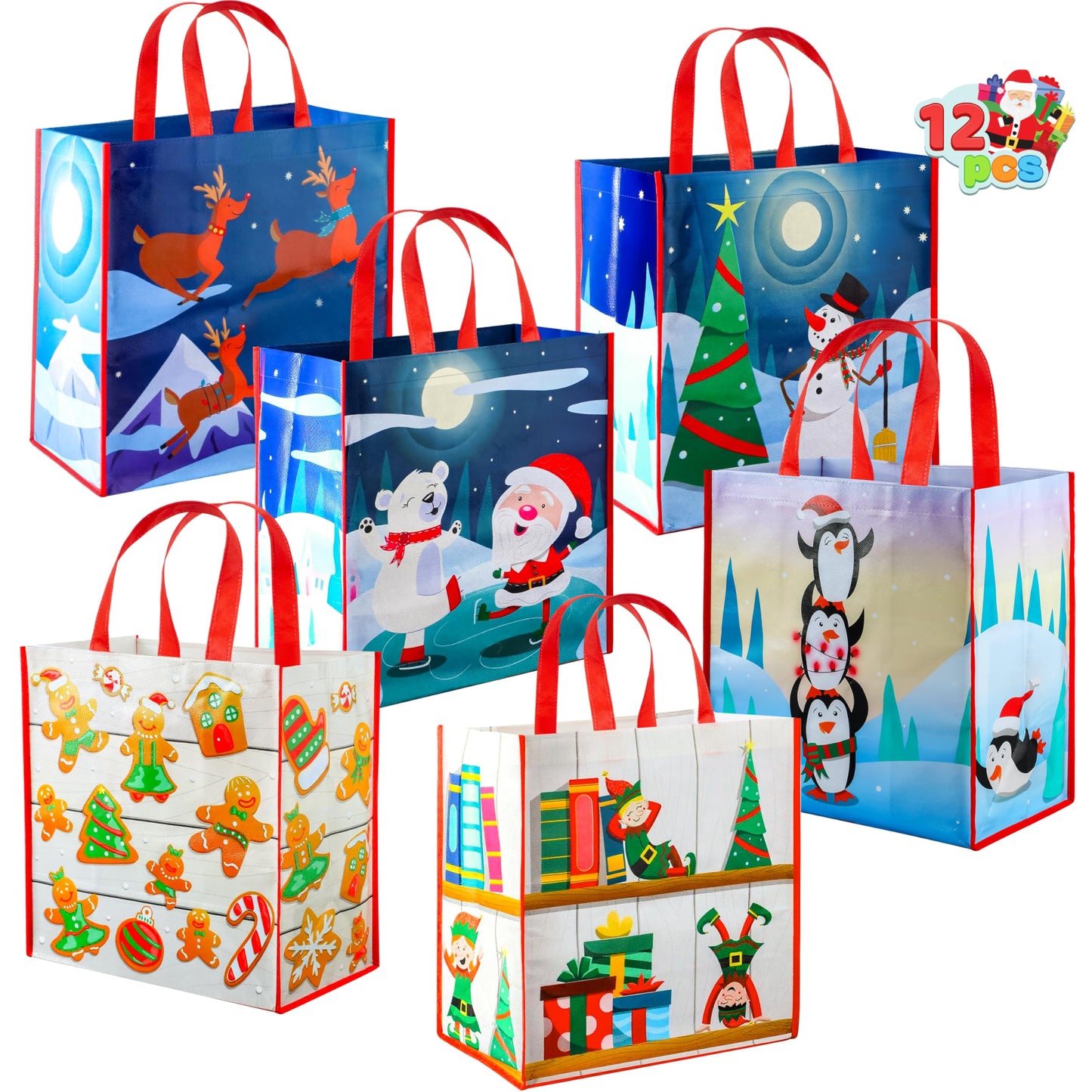 JOYIN 12 PCS Christmas Large Gift Bags with Handles 13.75" x 14", Non-Woven Tote Bag for Wrapping Xmas Party Favors, Reusable Grocery Bags, Party Supplies