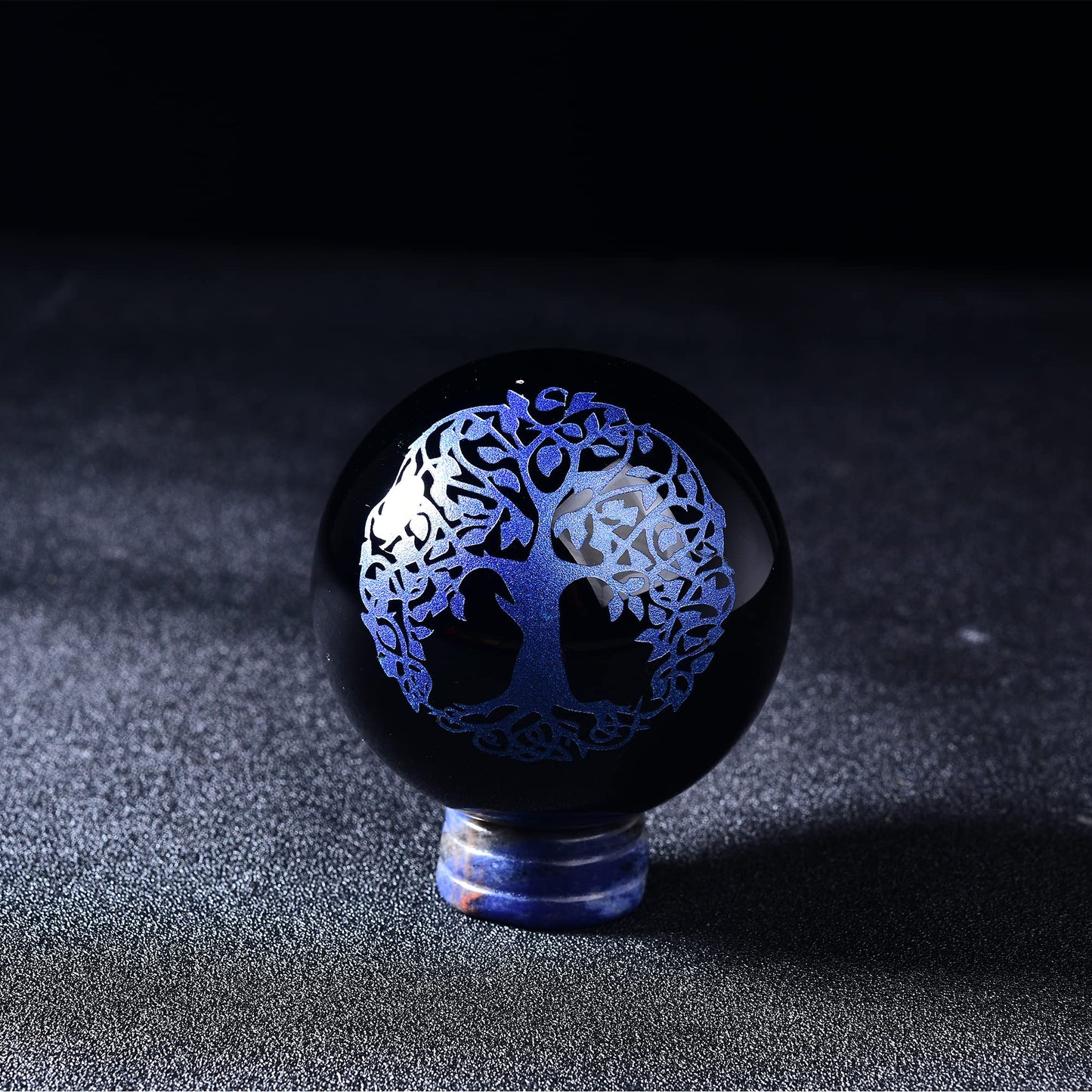 JIC Gem Small Black Obsidian Crystal Ball Sphere Carving Tree of Life with Blue Sodalite Decorative Stand for Meditation, Healing, Feng Shui (60mm / 2.2in)