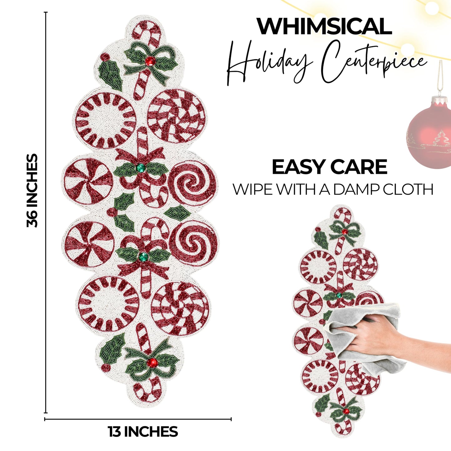 Luxury Beaded Runner 36 inch- Premium 13x36 Inch Candy Beaded & Polyester Christmas Beaded Runner - Decor for Home, Dining Tables, Weddings & Holiday Celebrations (White Red Green) - ALPHA Living HOME