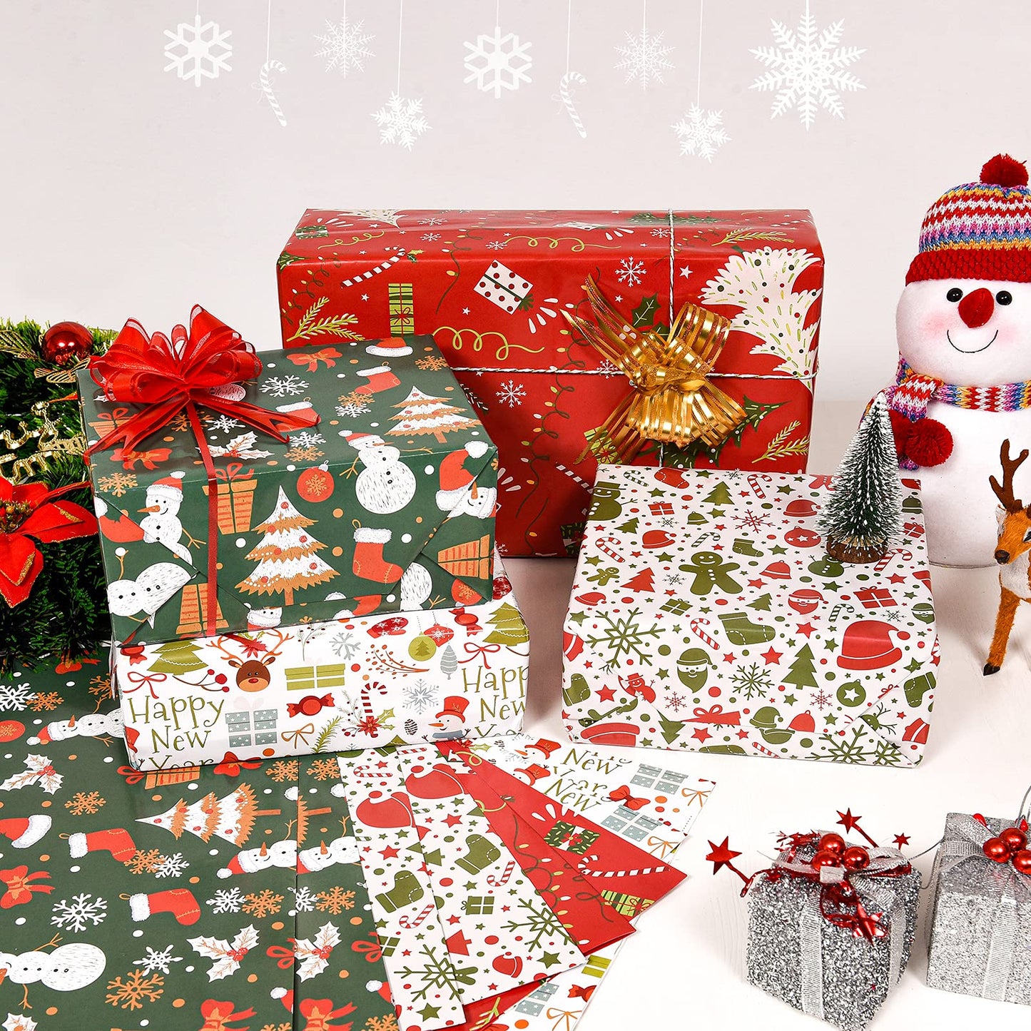 PlandRichW Christmas Wrapping Paper Folded for Kids Boys Girls Man Women Gift's. Papercraft Snowmen, Candy Canes, Tree, Socks, Snowflakes, Happy New Year Bulk of 12 Sheets 20"x 29" Folded