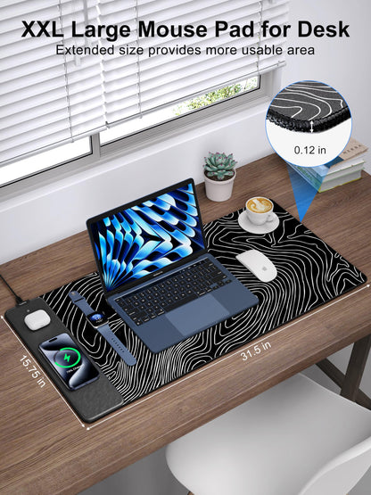 TopMade Mouse Pad with 15W Fast Wireless Charging, 31.5"x15.75" XXL Large Gaming Waterproof Desk Pad with Ultra-Smooth Surface, Non-Slip Base, Computer Desk Mat, Black Topographic Map #1