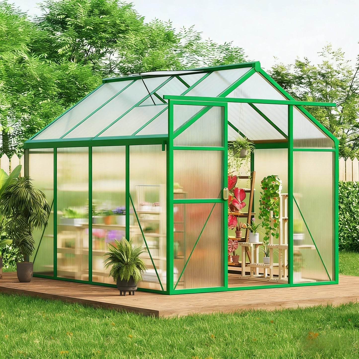Greenhouse, 6x8 FT Greenhouse for Outdoors, Walk-in Green House with Ground Nails and Vent Windows, Sliding Lockable Door, Polycarbonate Greenhouses for Outside Garden Backyard, Quick Setup, Green