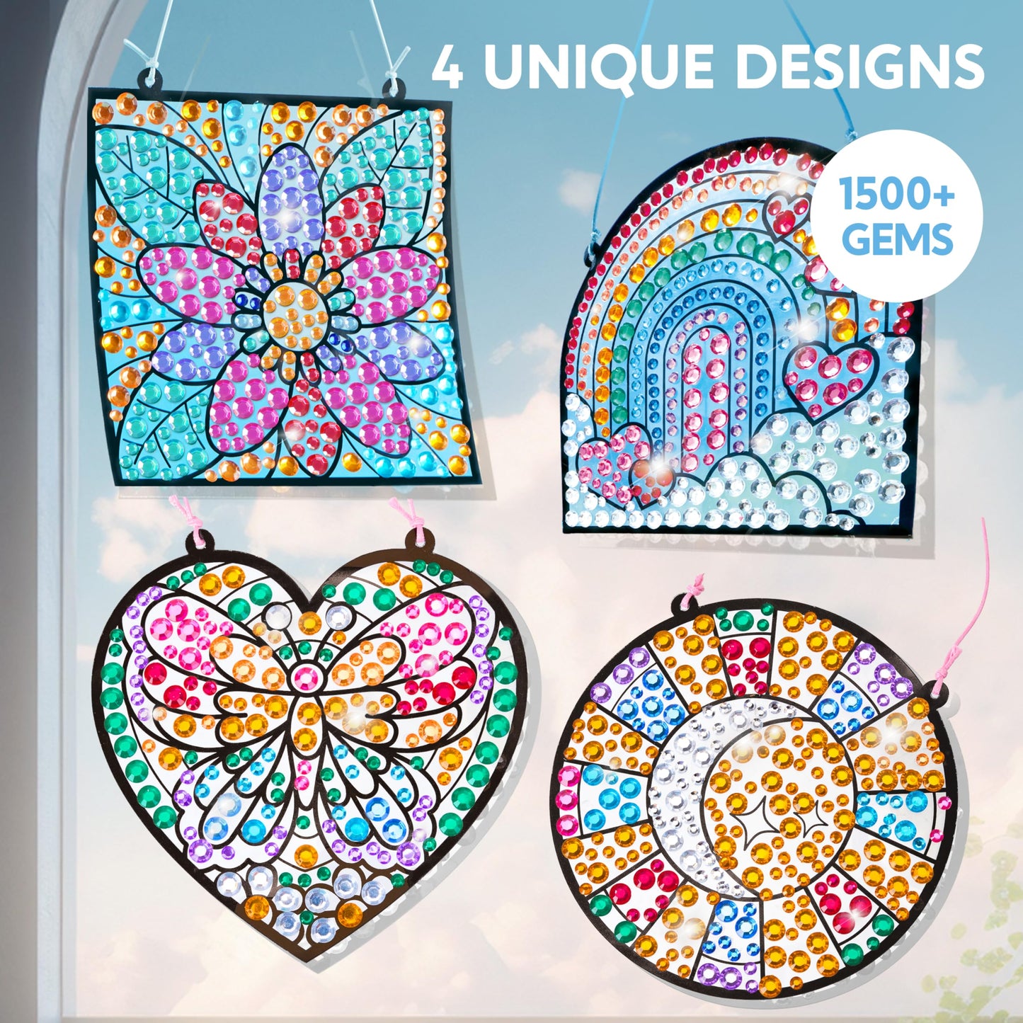 Klever Kits Suncatcher Craft Kit for Children,4 Designs Arts and Crafts for Kids Age 6 7 8 9-12,Gem Diamond Painting Craft Kits,Window Gem Art Set,Birthday Gift for Girls Age 6-12