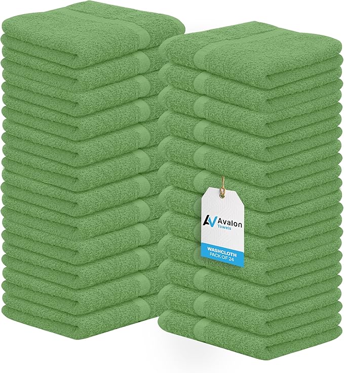 Avalon Towels Cotton Washcloths 24-Pack – 12 x 12 Inch Sage Green Super Soft &