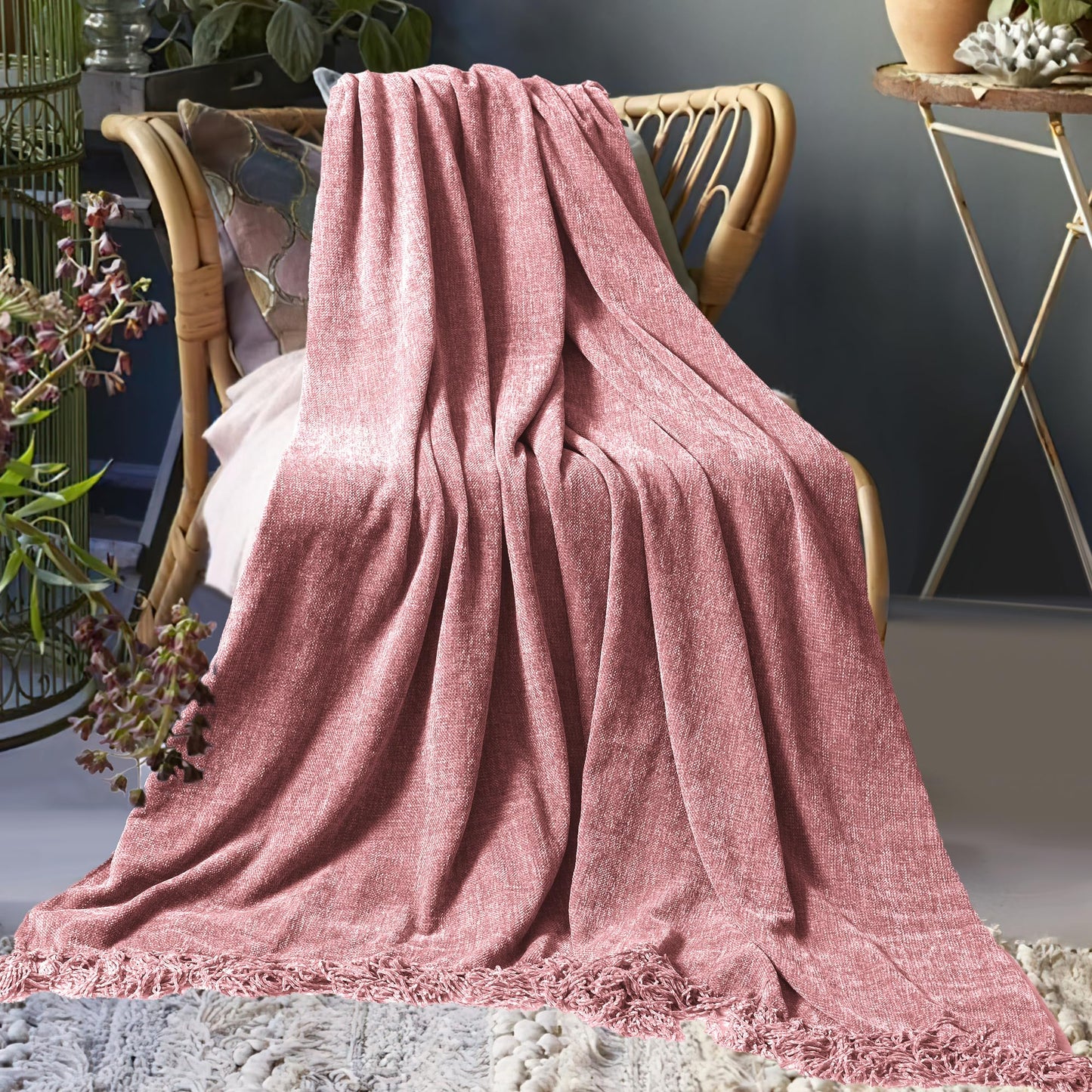 LONG CREATE Chenille Throw Blanket for Couch 50"X 60", Soft Cozy Throws with Fringe Tassel for Bed Sofa Chair Cover, Lightweight Knitted Decorative Boho Blankets for Living Room, Mauve