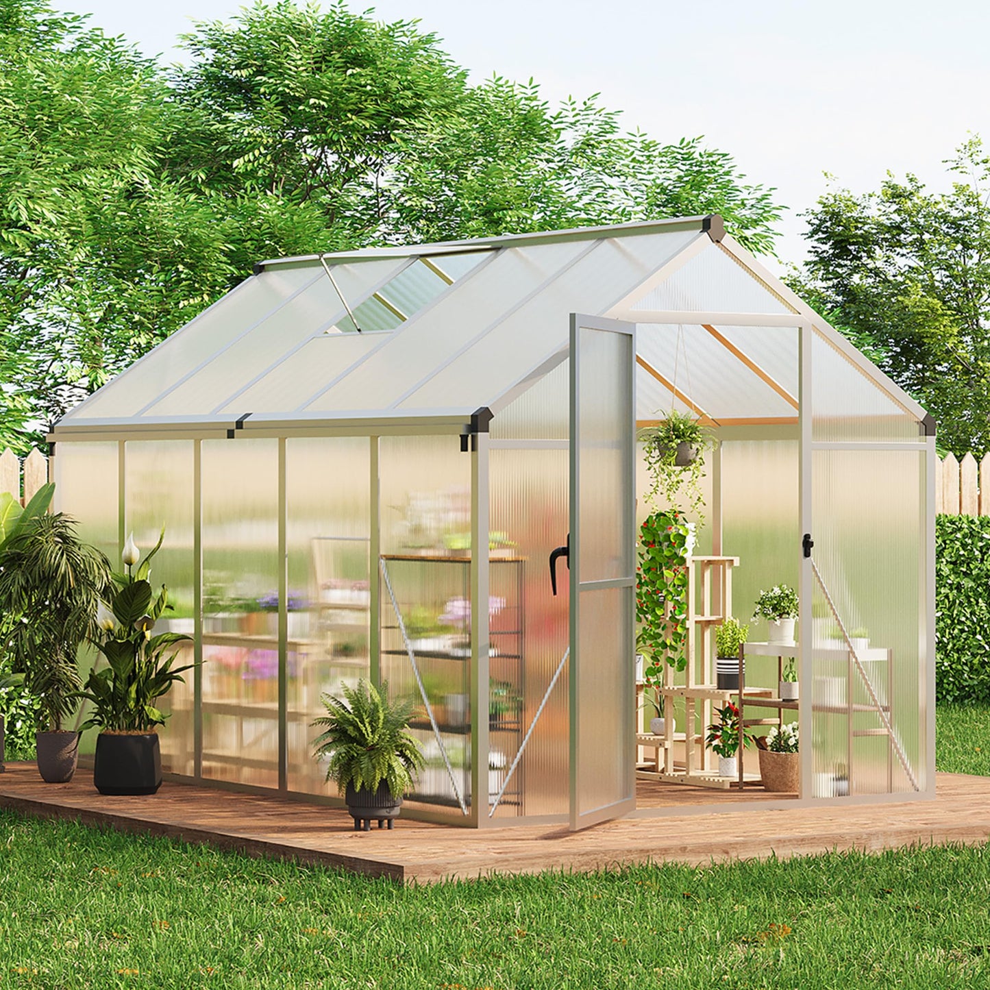 GarveeHome 6X8 FT Greenhouse for Outdoors, Large Walk-in Polycarbonate Greenhouse Kit, Aluminum Frame, Lockable Door, Roof Vent, Ground Spikes, for Garden, Patio, Backyard, Outdoor Plant Growth