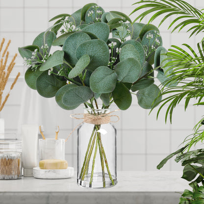 14" Artificial Eucalyptus Stems in Glass Vase with Faux Water, Realistic Eucalyptus Leaves Fake Plant Branch Greenery Decoration for Home Farmhouse Bathroom Kitchen Wedding Centerpiece Table Décor