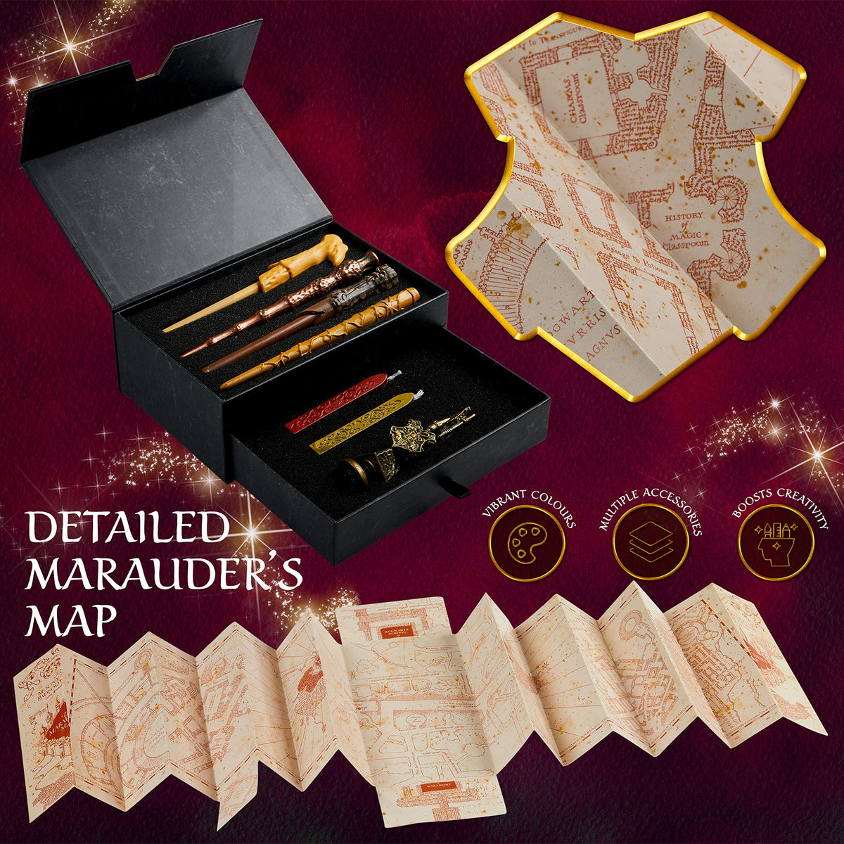 Harry Potter Gifts Writing Set with Wand Pens Stationery Box for Boys Girls Teens Kids Adults with Marauders Map Envelopes Paper Wax Stick Stamp