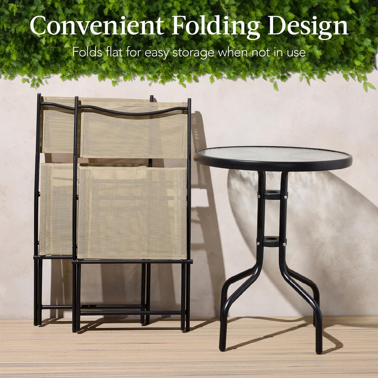 Best Choice Products 3-Piece Patio Bistro Dining Furniture Set w/Textured Glass Tabletop, 2 Steel Folding Chairs, Polyester Fabric - Beige