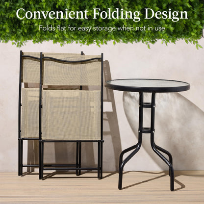Best Choice Products 3-Piece Patio Bistro Dining Furniture Set w/Textured Glass Tabletop, 2 Steel Folding Chairs, Polyester Fabric - Beige
