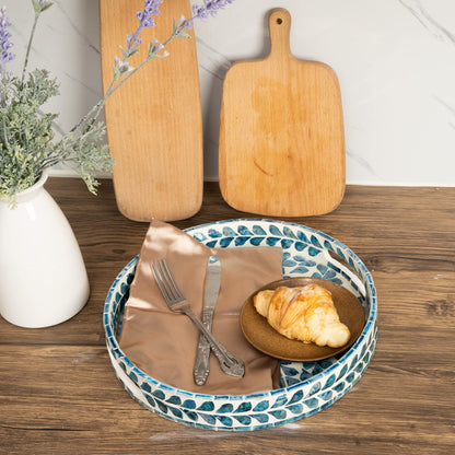 CLAYNIX Serving Tray 12.5 Inch, Lacquer Mother of Pearl Inlay Mosaic Tray, Round Wooden Marble Tray with Handles Trays for Tea, Breakfast (Leaf Style)