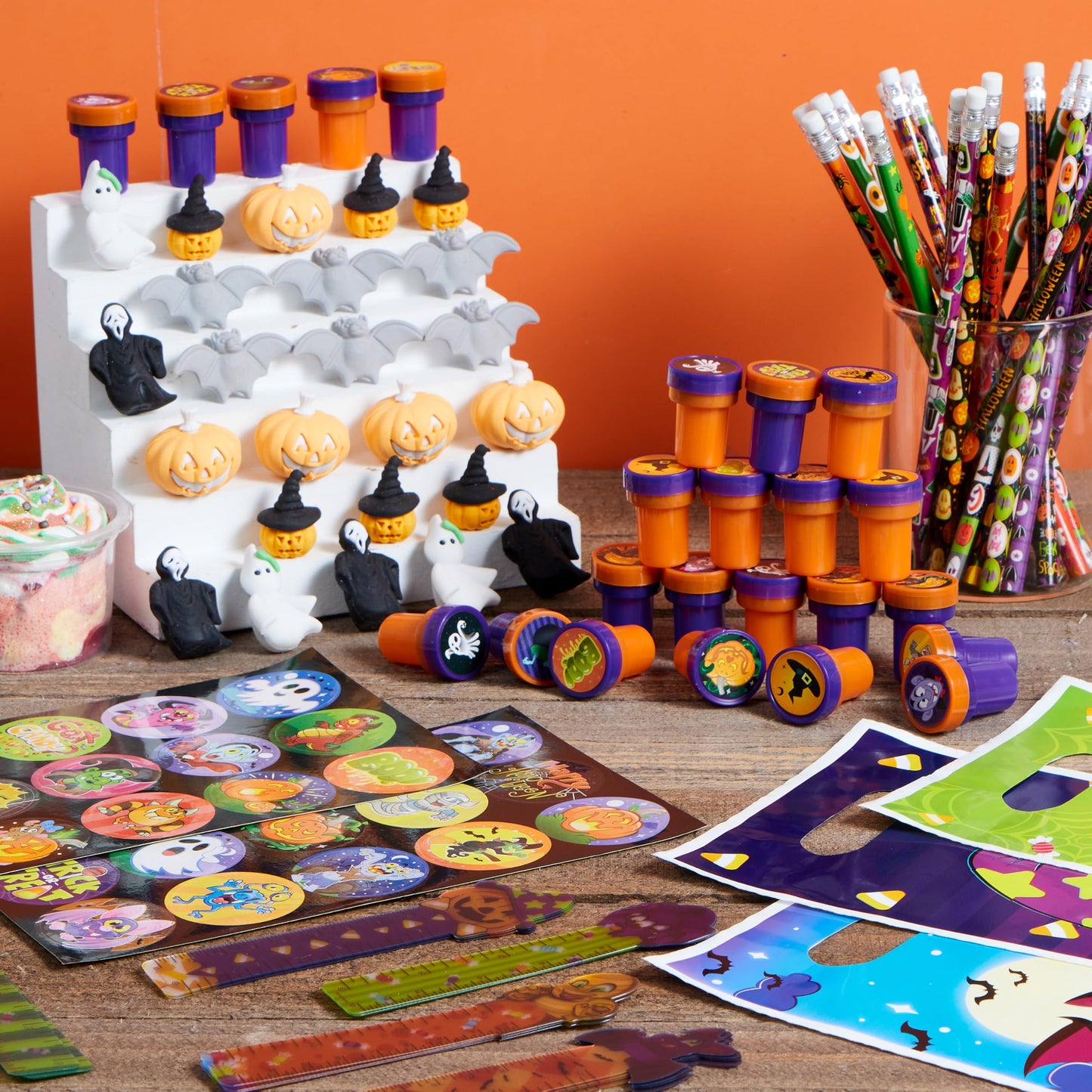 JOYIN 144 Pieces 24 Pack Assorted Halloween Themed Stationery Kids Gift Set Trick Treat Prize Party Favor Toy Including Halloween Pencils, Rulers, Stickers, Stamps and Erasers in Trick or Treat Bags