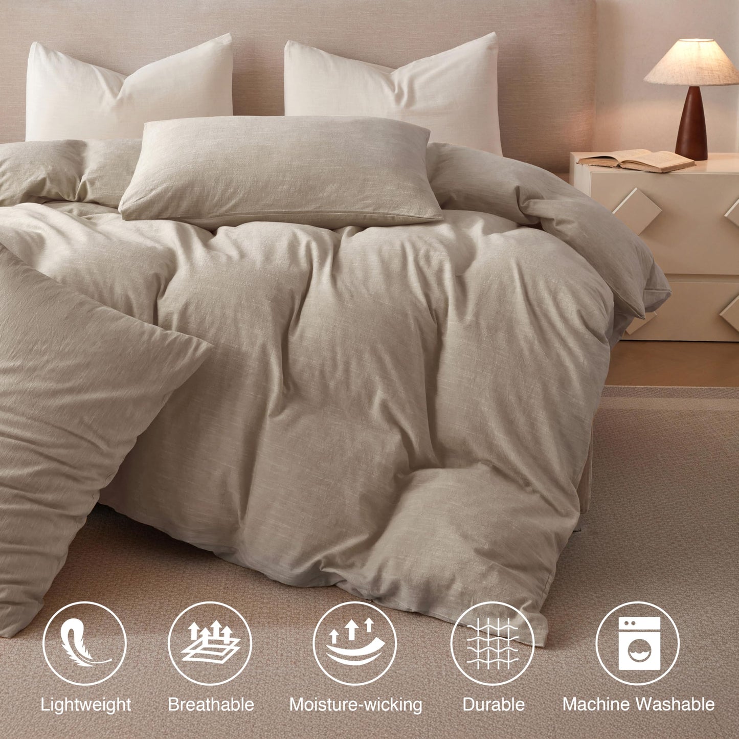 BFS HOME Linen Duvet Cover Queen Size - Soft Breathable Cotton Linen Blend, 3-Pieces Bedding Set with 2 Pillowcases, Stonewashed Texture, Khaki, All-Season Comfort