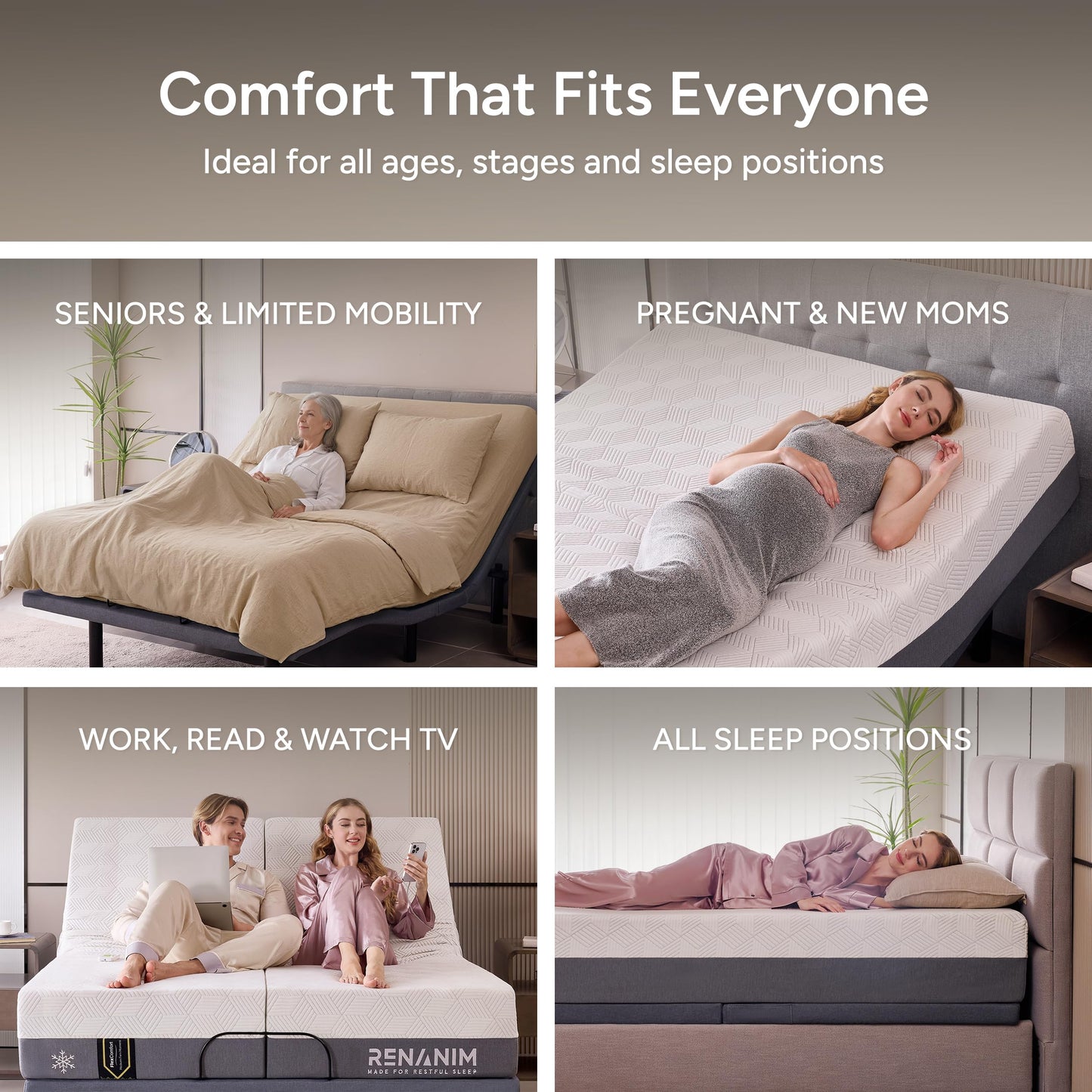 Renanim SF Twin XL Adjustable Bed Frame and Mattress - 14" Cooling Gel Memory Foam - Electric Massage - Zero Gravity - Wireless Remote for Head & Foot Incline - Underbed Night Lights & 4 USB Ports