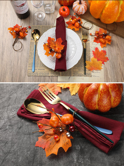 Patelai 12 Set Fall Thanksgiving Napkin Rings Pumpkin Maple Leaves Red Berry Napkin Holder for Table Decor, Wedding, Fall Banquet, Holiday, Dinner Party(Fresh Style,Orange)