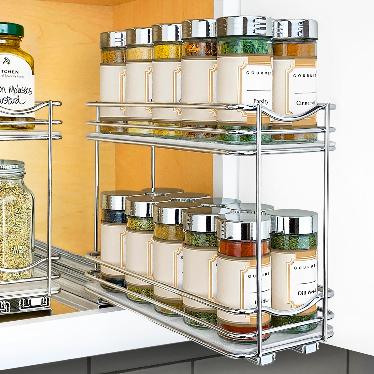 LYNK PROFESSIONAL® Pull Out Spice Organization for Cabinets - 4-3/8 inch Wide – Spice Rack for Inside Cabinets, Slide Out Spice Rack Organizer for cabinet – Pull Out Spice Rack, Sliding 2 Tier Chrome
